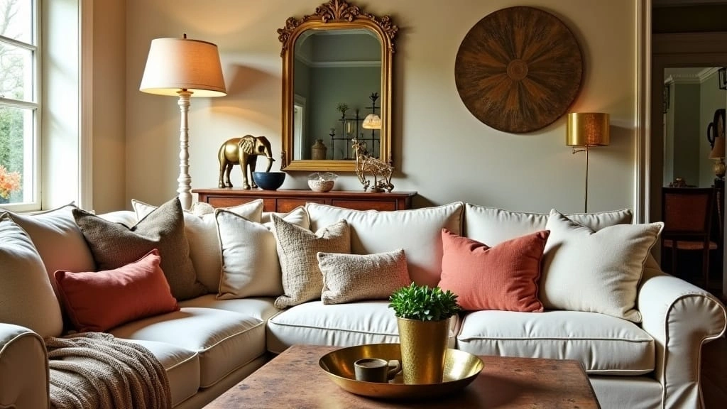 Cozy living room with vintage brass home decor, including a brass elephant, mirror, and tray