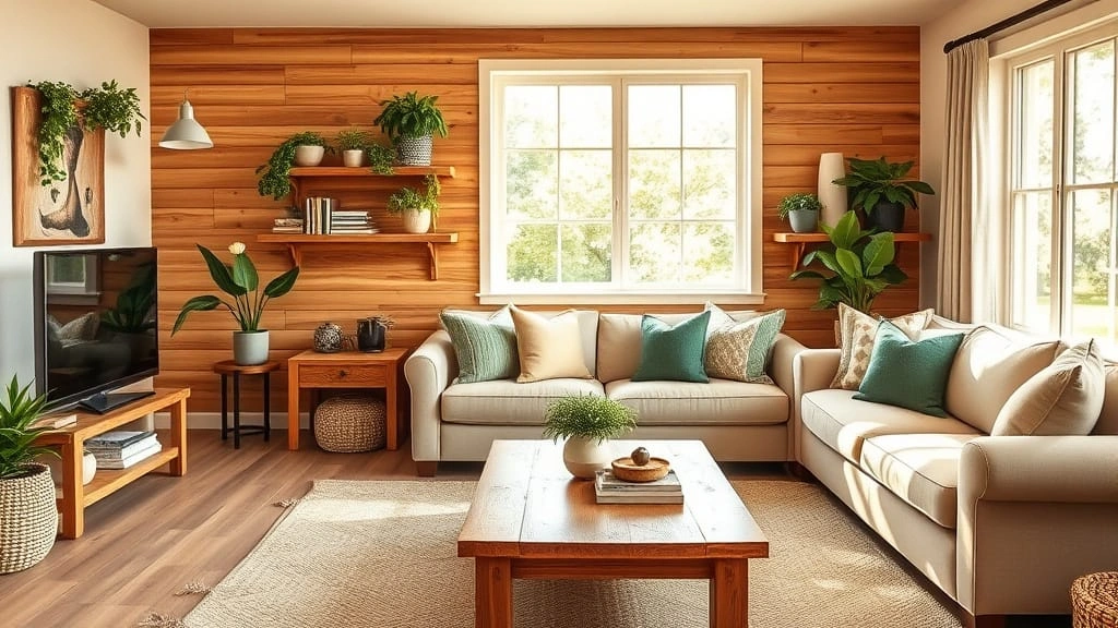 Cozy sunlit living room with rustic wood home decor including oak coffee table, pine shelves, and shiplap wall.