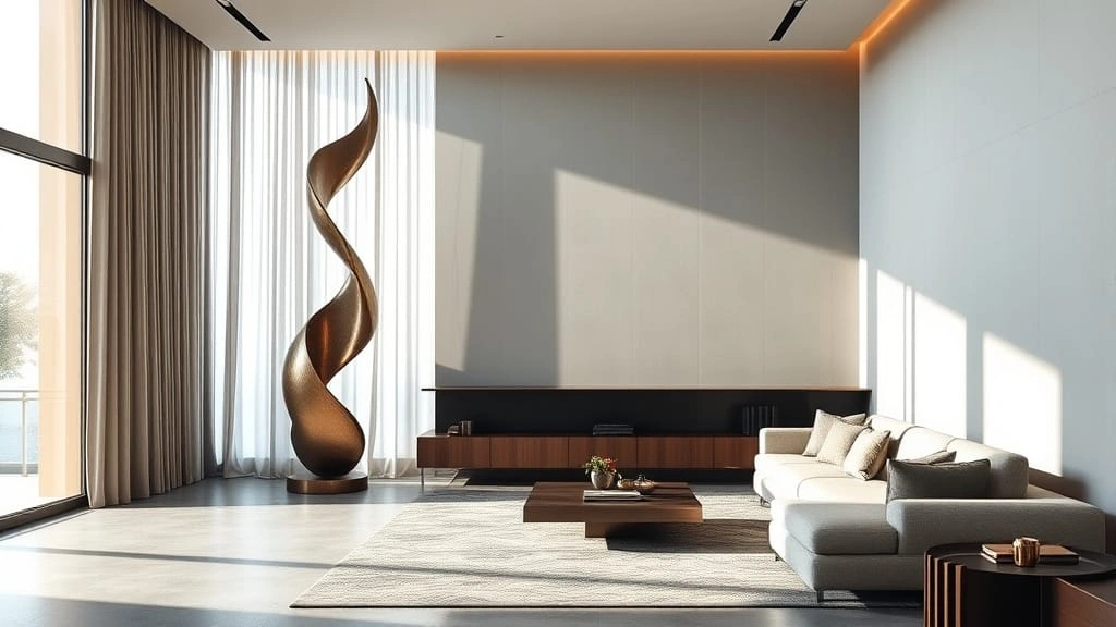 A modern living room bathed in natural light, featuring a bold, twisted metal sculpture standing beside a wide window; neutral tones, subtle wood and metallic textures enhance the sense of calm and sophistication—perfect example of large sculptures for home decor.