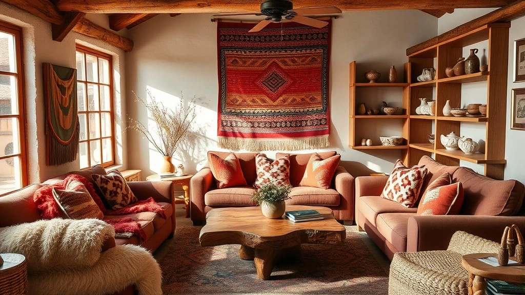 A cozy living room featuring authentic Peru home decor with alpaca textiles, a carved wood table, Andean wall art, and handmade pottery.