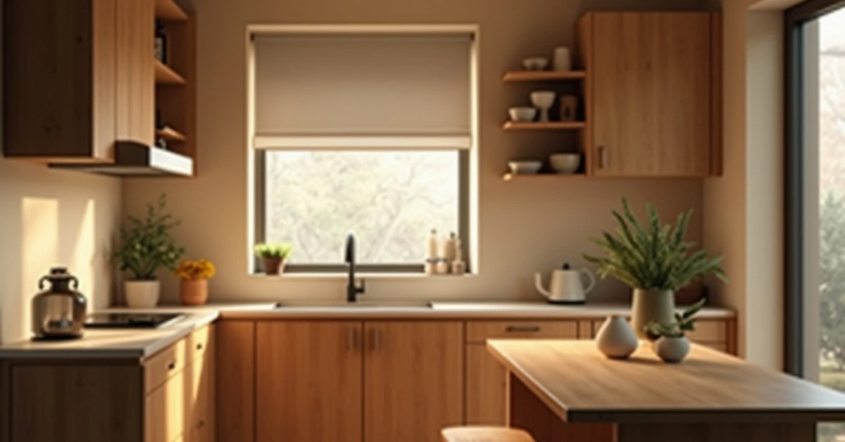 A softly lit modern kitchen with warm 2700K lighting from a flush-mount ceiling fixture, wooden textures, and an inviting ambiance.