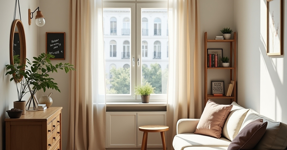 Modern small apartment living room decorated with multi-functional furniture, light tones, and smart storage solutions.