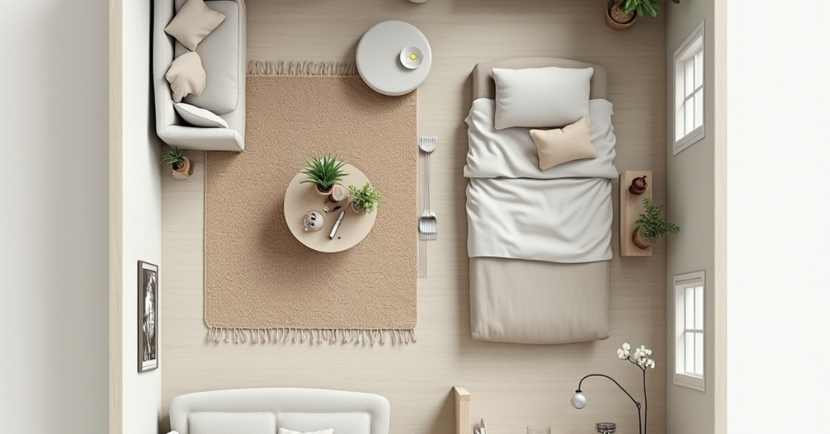 Modern small apartment living room decorated with multi-functional furniture, light tones, and smart storage solutions.