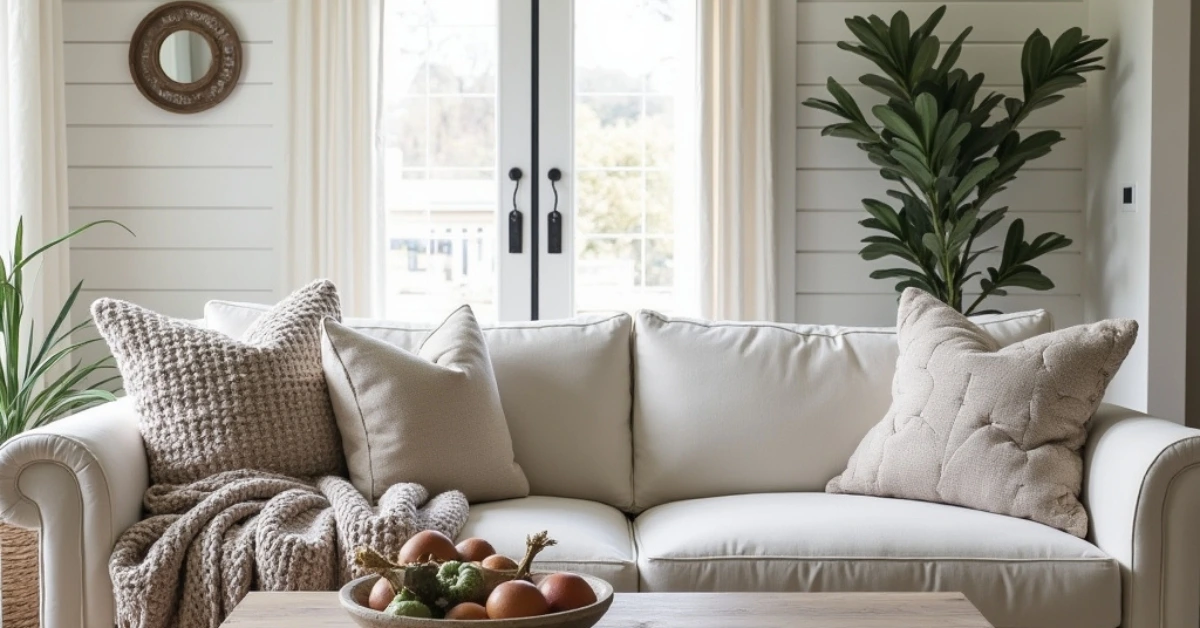 A cozy modern farmhouse living room with warm white and beige tones, rustic wood furniture, a jute rug, and budget-friendly decor that reflects cheap home decorating ideas.
