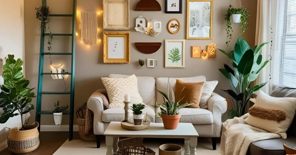 a living room with a couch and pictures on the wall which is under Budget Home Decor Ideas