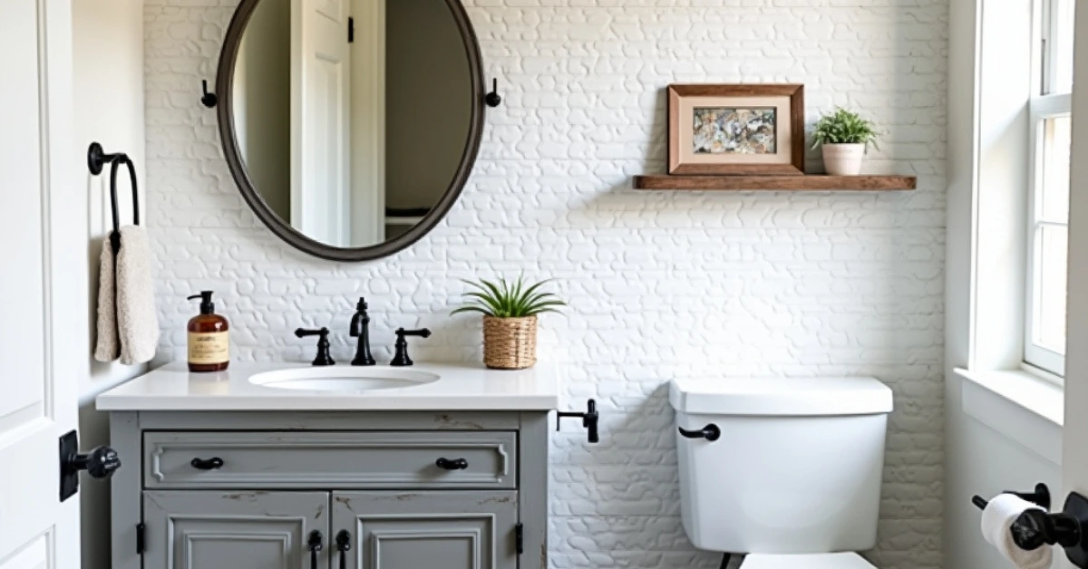 Farmhouse bathroom featuring white subway tiles, a gray painted vanity, vintage mirror, matte black fixtures, and small potted plants, showcasing cheap home decorating ideas with rustic charm.