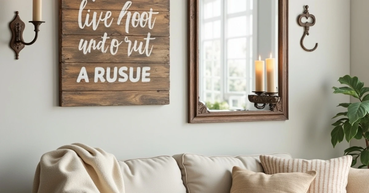 Cozy rustic living room with a vintage reclaimed wood sign, rustic mirror, earthy cushions, and warm metal accents, creating an inviting and homely atmosphere