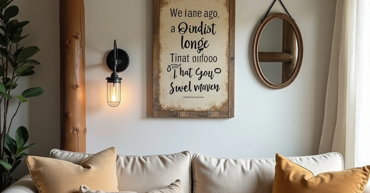 Cozy living room with rustic wall decor, featuring a reclaimed wood sign with a quote, vintage mirror with a chipped frame, metal wall hook, and decorative candles, creating a warm, inviting atmosphere