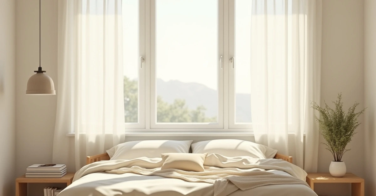Minimalist bedroom design moodboard with neutral colors, wooden furniture, sheer curtains, candle, plant, and a "less is more" quote.