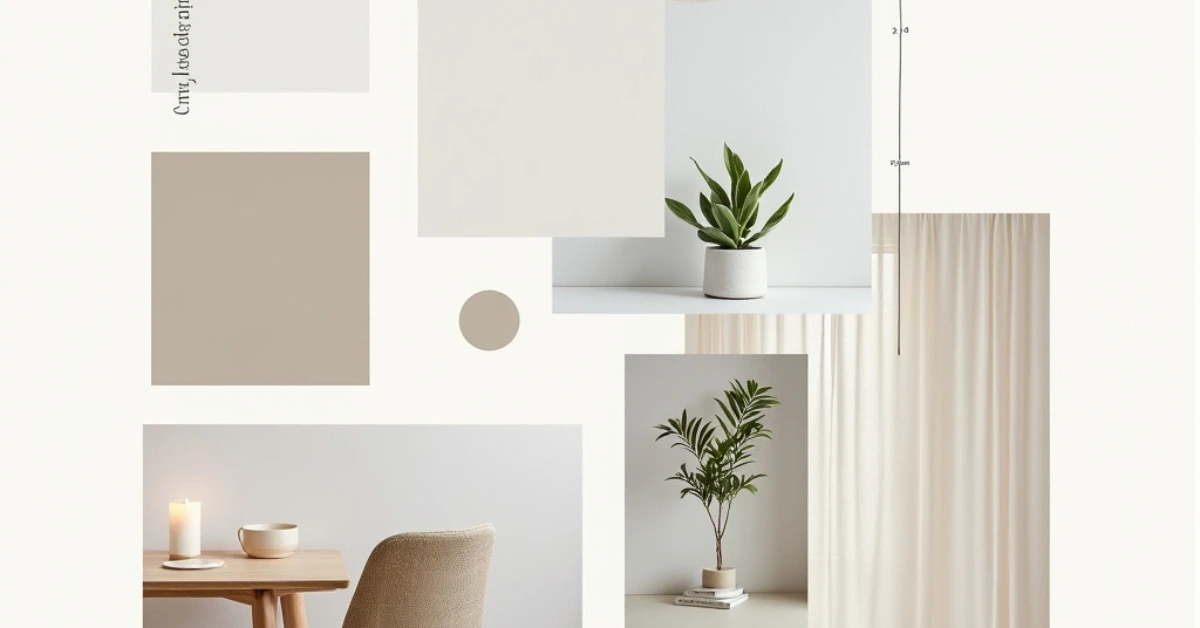 Minimalist bedroom design moodboard with neutral tones, wooden furniture, sheer curtains, candle, plant, and “less is more” quote.