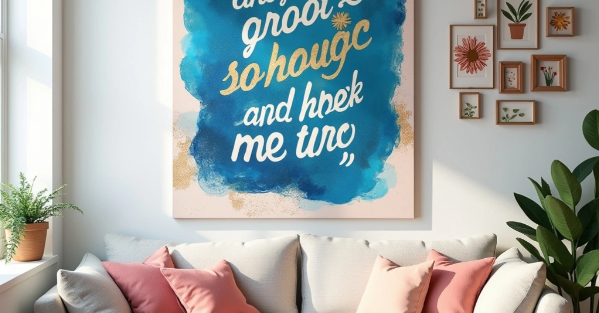 DIY wall art in a cozy modern living room featuring handmade canvas with quote typography, abstract colors, and creative craft elements