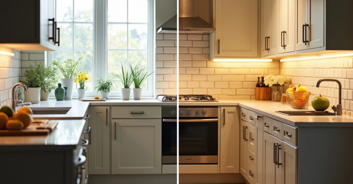 Split image of a kitchen showing bright white daylight on one side and warm cozy kitchen lighting on the other, emphasizing the emotional impact of lighting.
