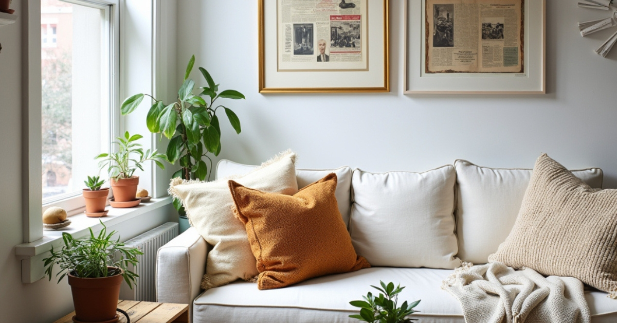 Warm, cozy apartment corner with DIY wall art, crate nightstand, thrifted coffee table, layered textures, and small plants.