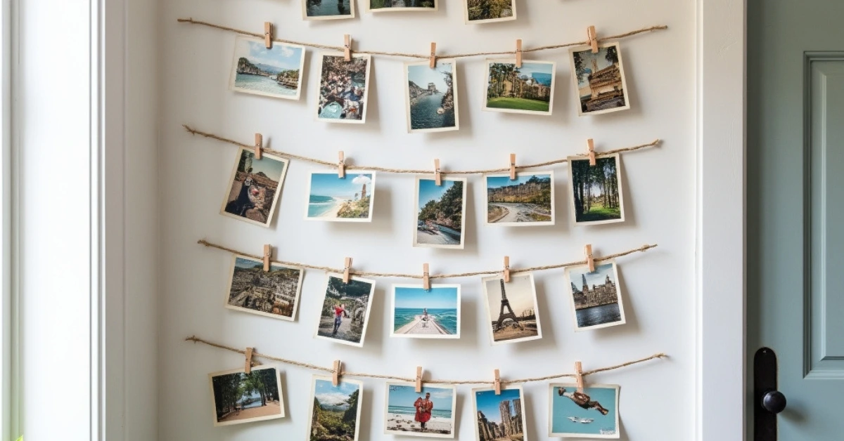 DIY wall art made from postcards and travel photos hanging on twine with clothespins in a hallway