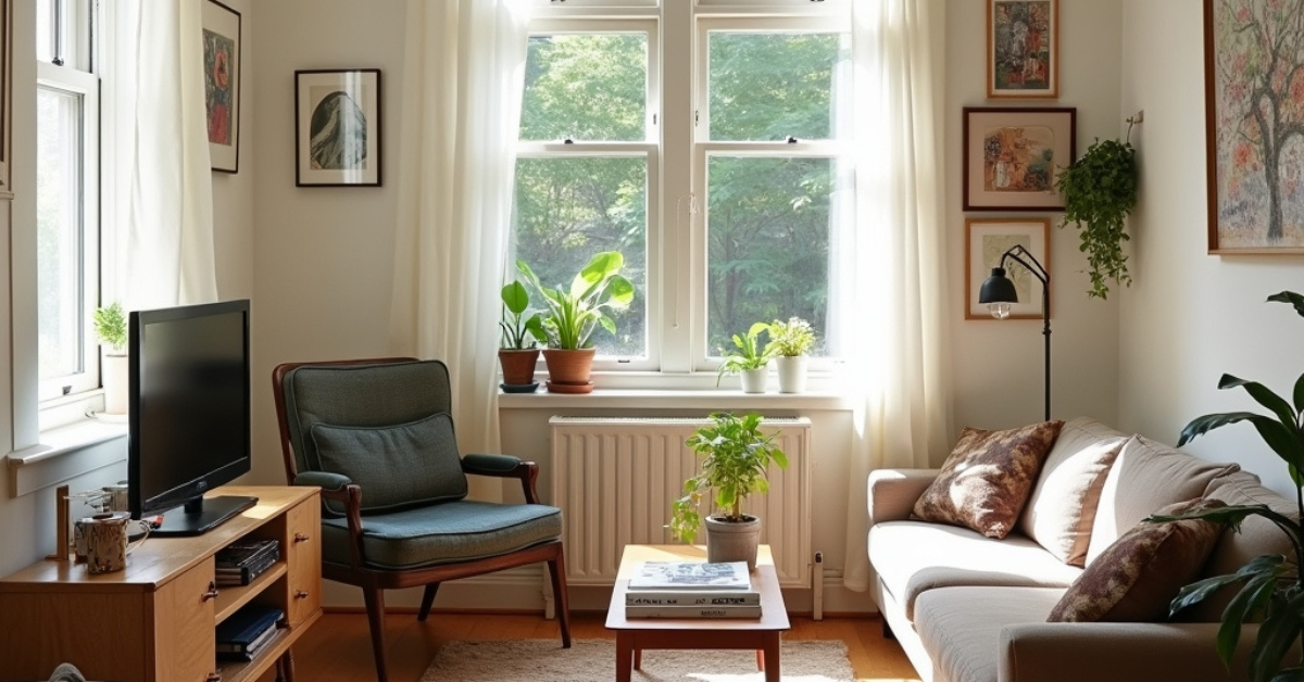 Small apartment living room showing simple home makeover secrets with rearranged furniture, natural light, and a cozy, lived-in feel.