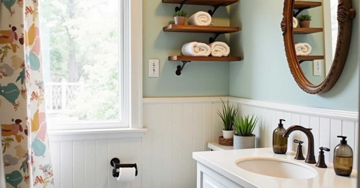 Cozy small bathroom with floating shelves, pastel walls, and budget-friendly accessories – affordable bathroom decor idea.