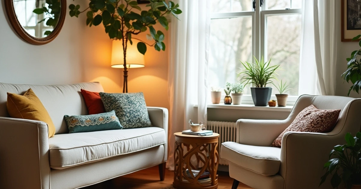 A cozy, sunlit living room showcasing cheap home decorating ideas with thrifted furniture, travel photo gallery wall, and reused jars as planters.