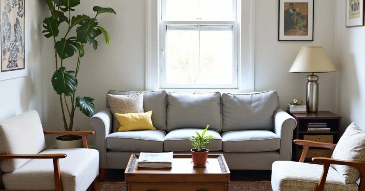 Bright apartment living room featuring cheap home decorating ideas like furniture rearrangement, thrifted pieces, and clever use of space.