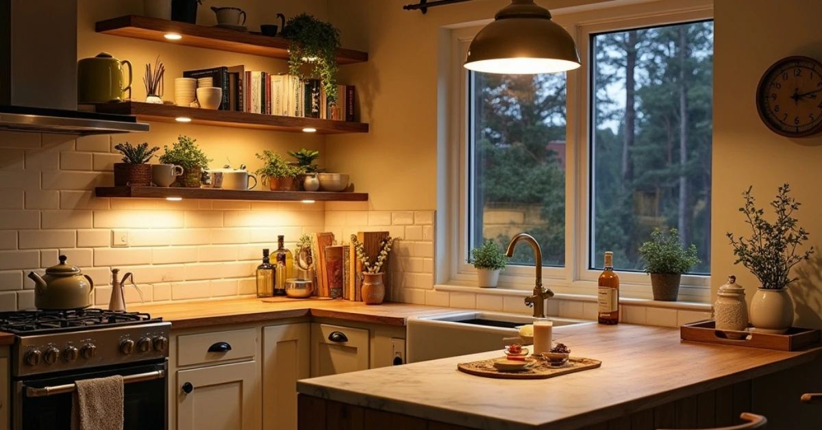 A cozy kitchen lighting with layered lighting, including warm under-cabinet LEDs, a pendant over a rustic island, and soft ambient ceiling light.