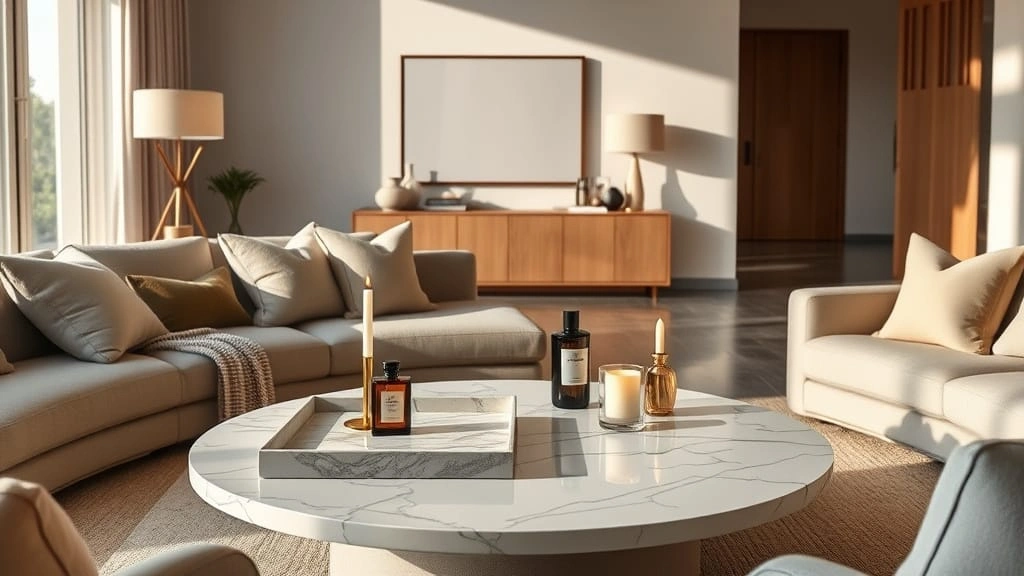 Luxurious modern living room with marble home decor, featuring a white marble coffee table and marble tray with candles and perfume bottles.