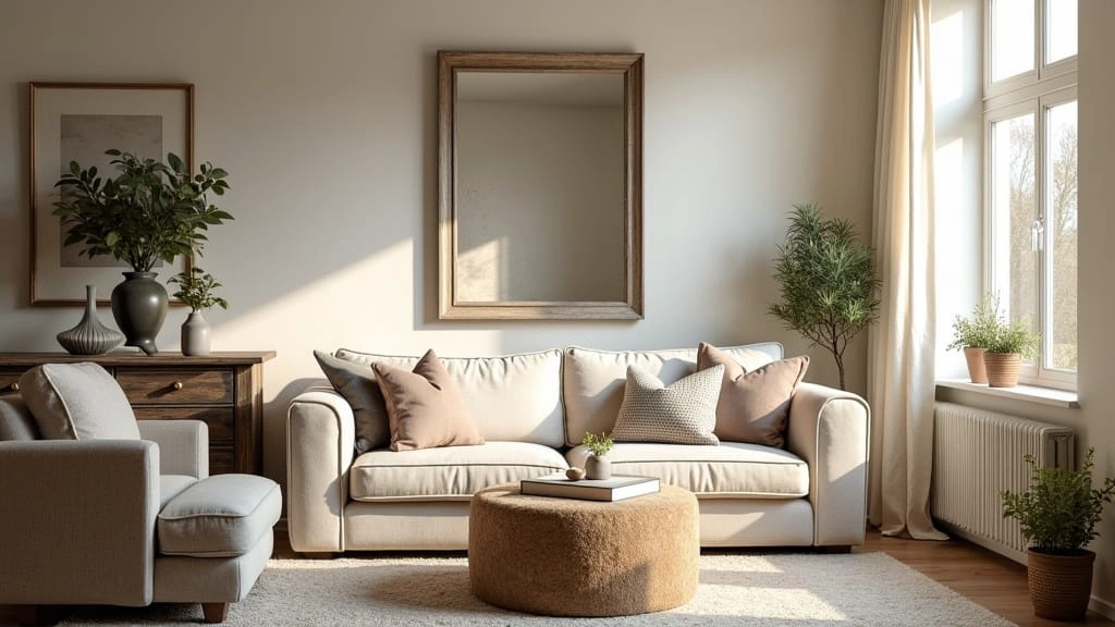 Cozy farmhouse living room featuring Beekman home decor with a vintage wall mirror, rustic wooden console, and muted decorative pillows bathed in soft sunlight.