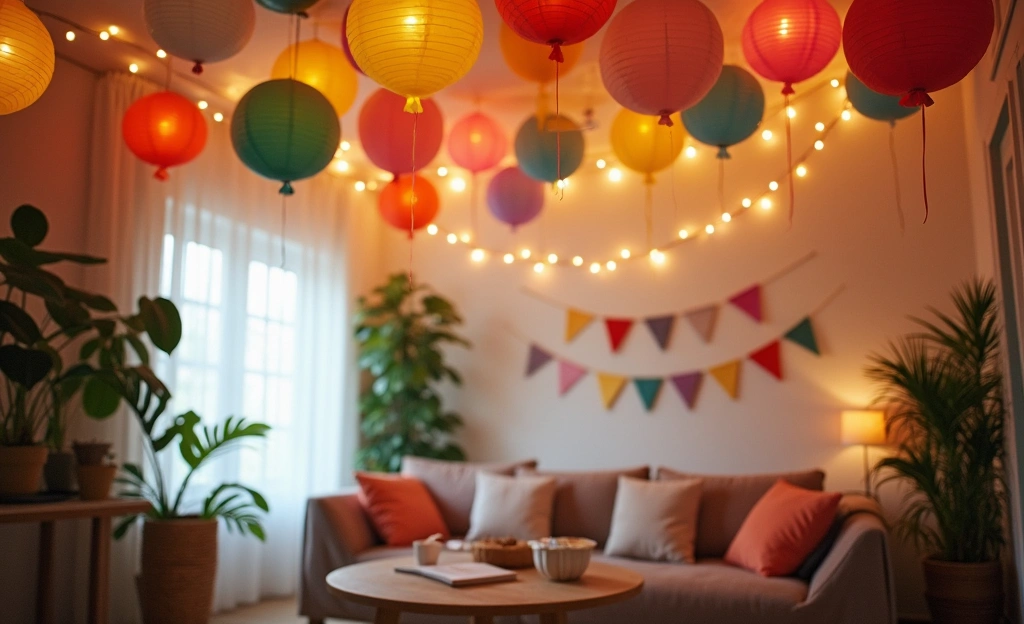 Cozy living room with colorful ceiling decor including balloons, fairy lights, and paper lanterns in a warm, inviting setup.