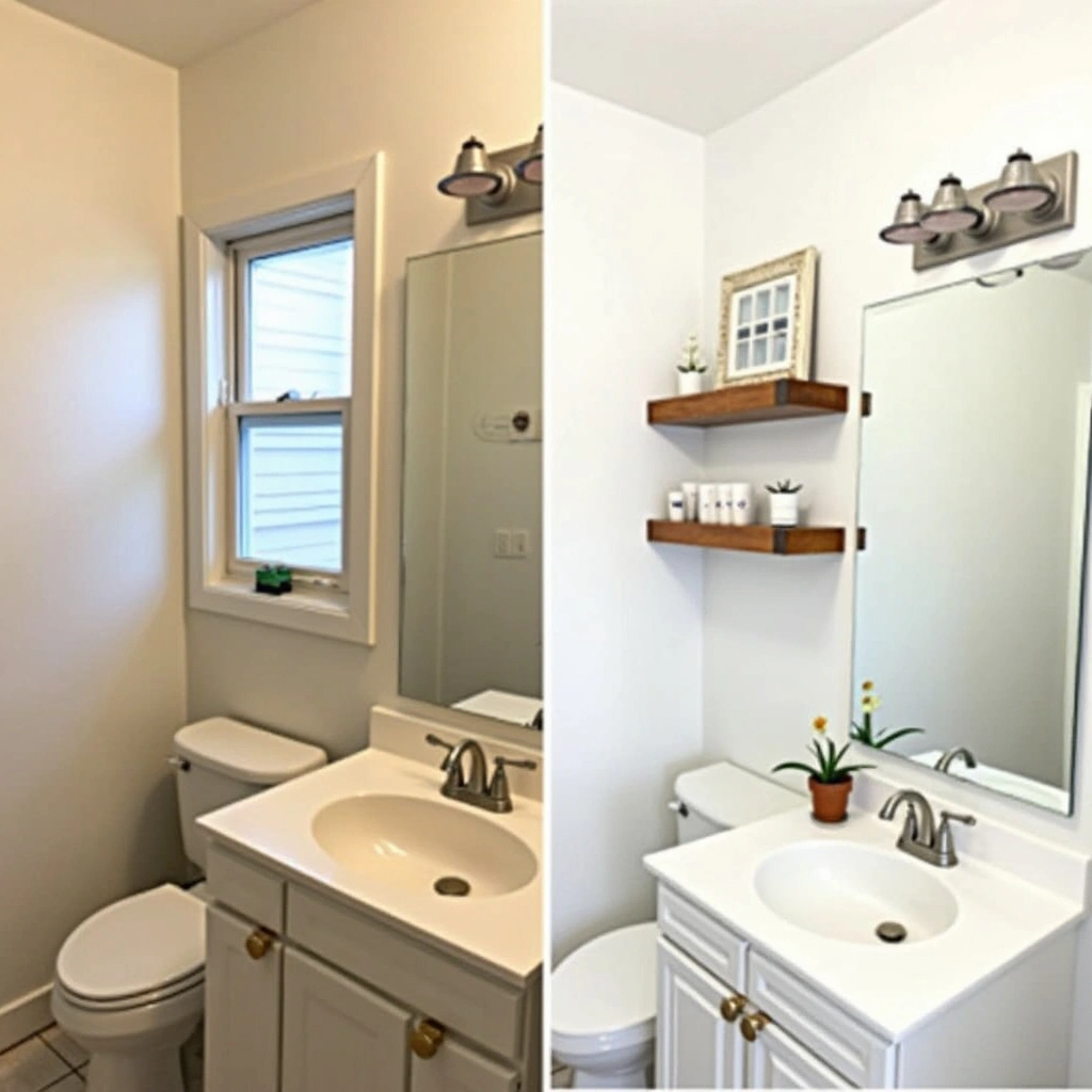 Small boho-style bathroom with affordable decor like a ladder shelf, thrifted mirror, soft lighting, and budget-friendly touches.