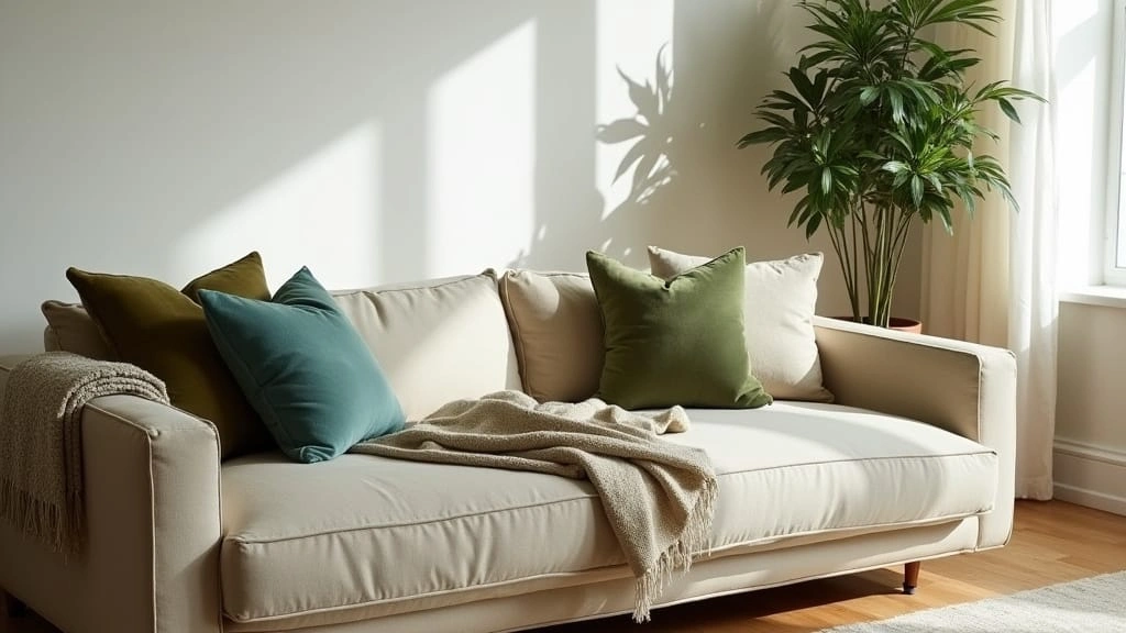 A cozy living room with a neutral sofa decorated with green decorative pillows in various shades and textures, bathed in warm natural light.