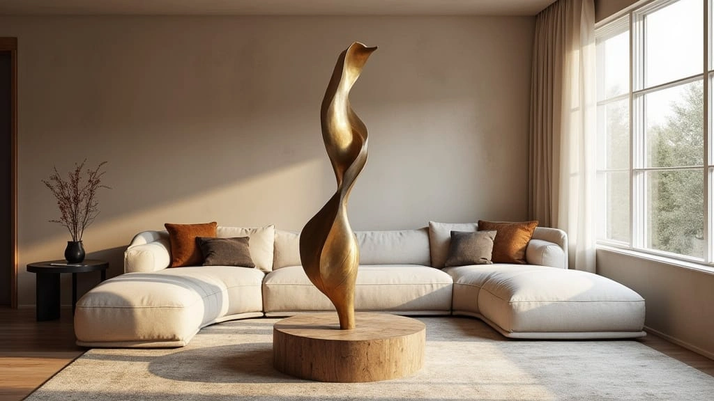 A modern-chic living room with natural light and a bronze abstract sculpture on a pedestal, showcasing elegant sculptures home decor in a cozy, neutral-toned setting.