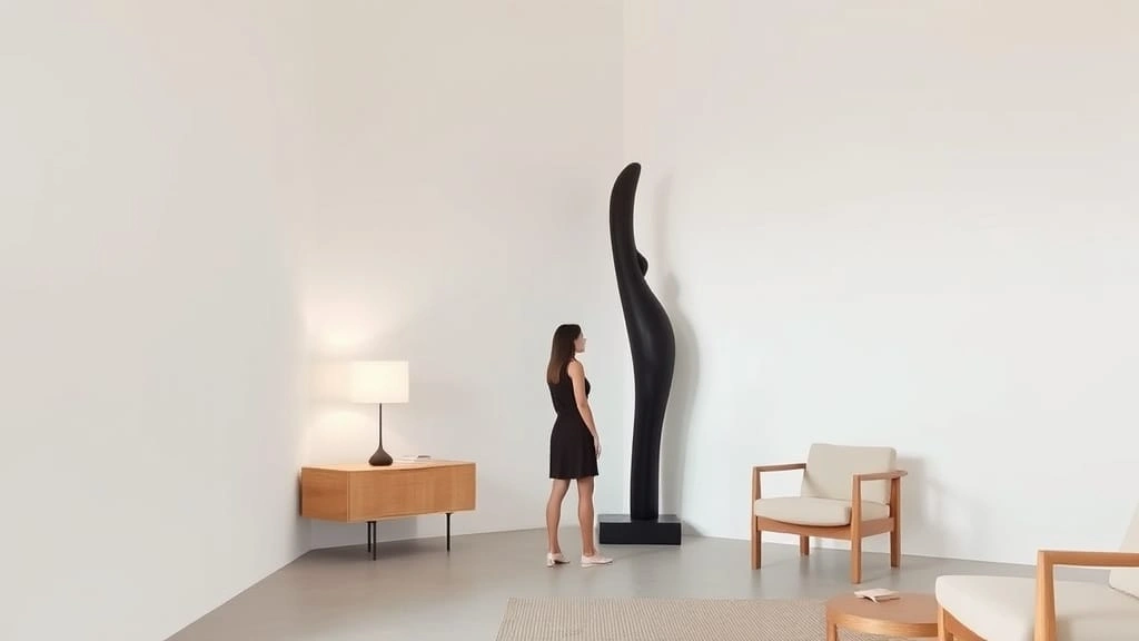 Tall black abstract statue in a minimalist living room with soft lighting and wooden furniture.