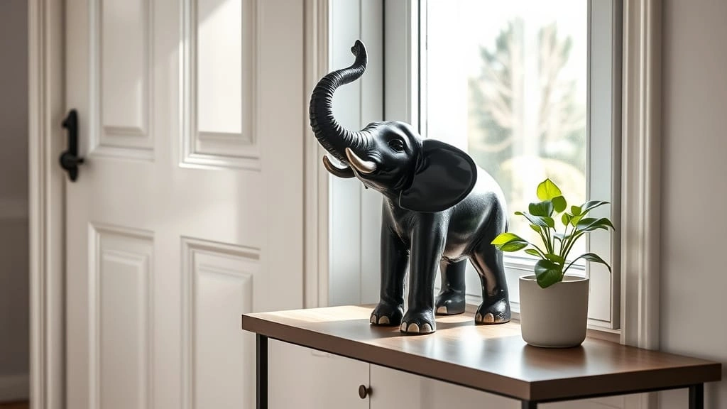 Corner black statue with matte finish in a contemporary room with wood and white accents.