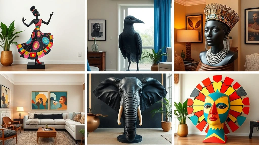 A collage of black statues including a dancing woman, minimalist bird, African queen bust, elephant, and geometric face sculpture — arranged in stylish home settings.