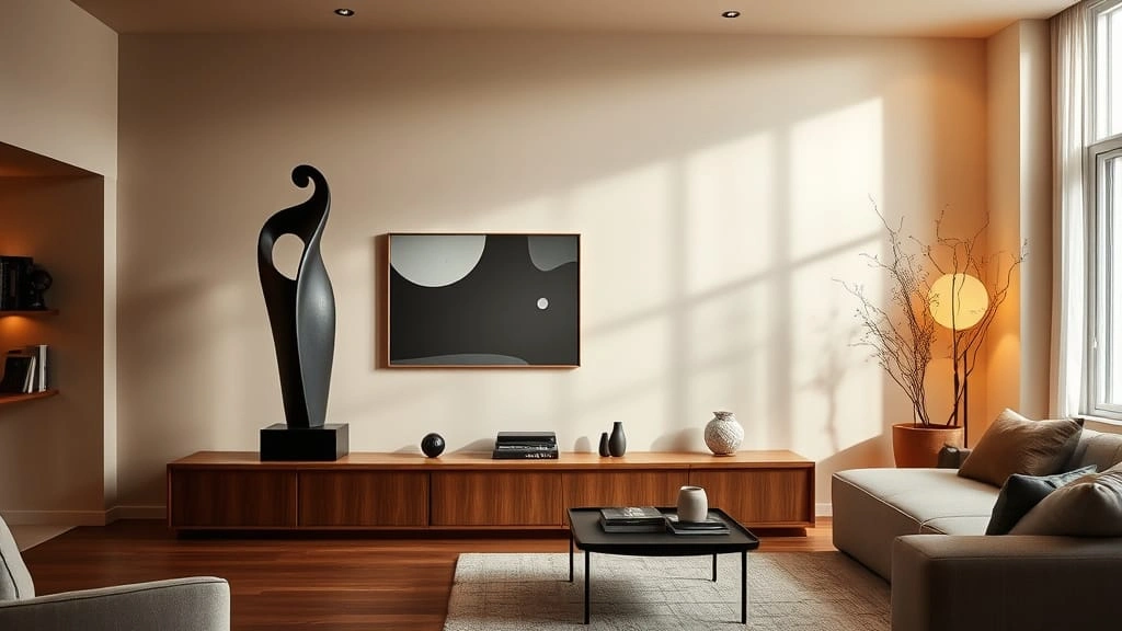 Tall black abstract statue on a wooden bookshelf in a cozy modern living room with warm lighting.