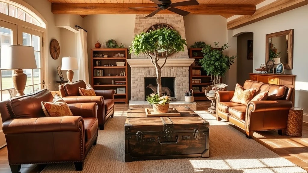 Cozy Texas Decor living room with rustic trunk coffee table, leather chairs, and farmhouse charm