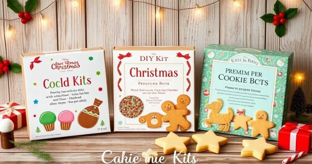 Three Christmas Cookie Decorating Kits displayed side-by-side on a rustic wood table: a kid-friendly kit, a DIY baking kit, and a premium kit with personalized cookies, surrounded by festive decor.