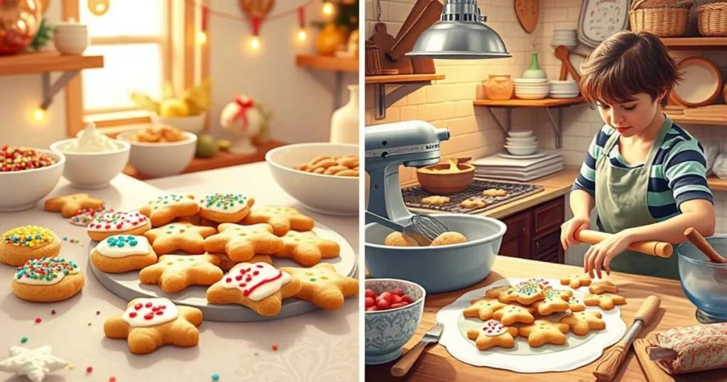 Split-screen image comparing two styles of Christmas Cookie Decorating Kits: left side with pre-made cookies ready to decorate, right side showing someone baking and cutting dough from scratch.