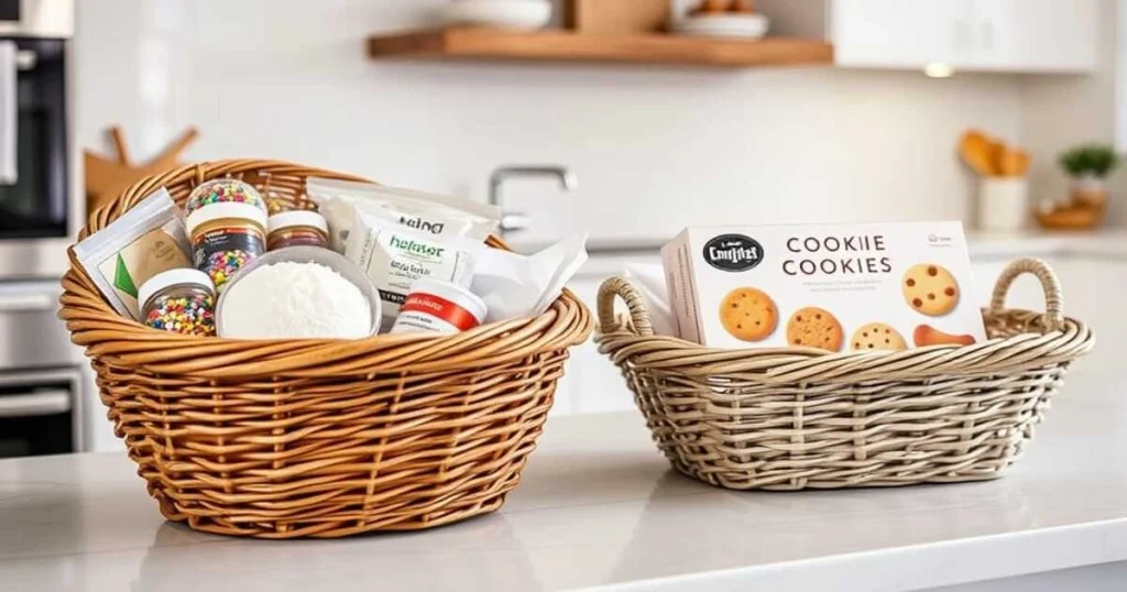 Two labeled baskets on a kitchen counter: one overflowing with separate baking supplies, the other containing a compact Christmas Cookie Decorating Kit box.