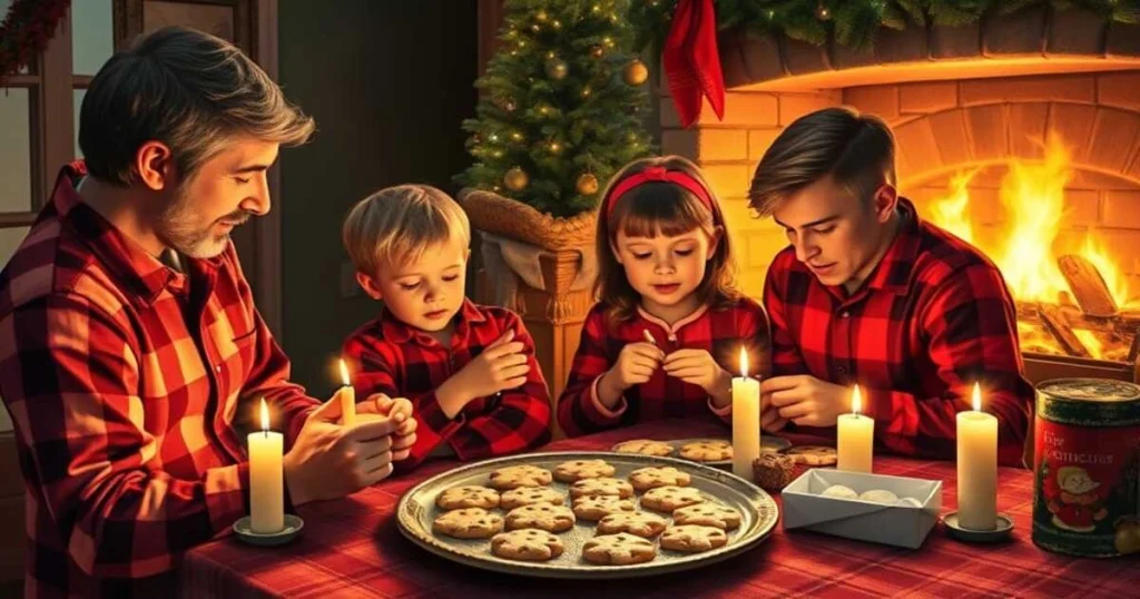 Family in matching pajamas decorating Christmas cookies by candlelight near a glowing fireplace, with a plate of cookies set aside for Santa.