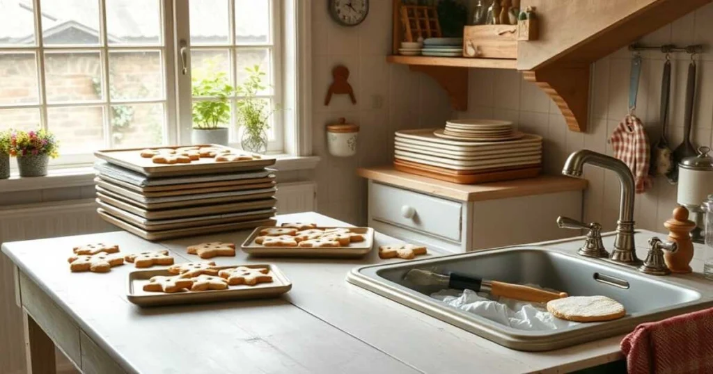 Cleaned kitchen table with cookie trays set aside and used icing tools soaking in warm, soapy water in the sink, bathed in natural light.