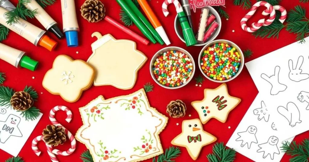 Flat lay of Christmas cookie decorating supplies including cookies, icing tubes, piping bags, holiday sprinkles, napkins, edible markers, and stencils neatly arranged on a red tablecloth with pinecones and candy canes.