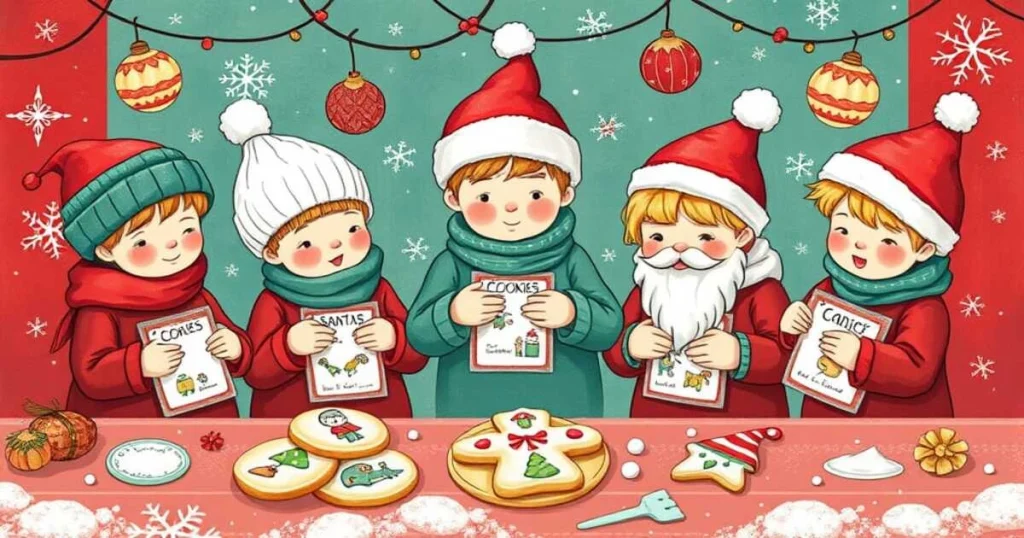 Collage of Christmas Cookie Decorating Kits featuring kids decorating cookies, themed Santa designs, a gluten-free option, and a DIY cookie mix, all set against a festive holiday background.
