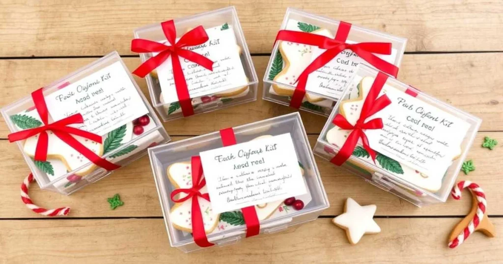 DIY Christmas cookie decorating kits packed in clear boxes tied with red ribbons and handwritten notes, arranged on a table ready to gift.