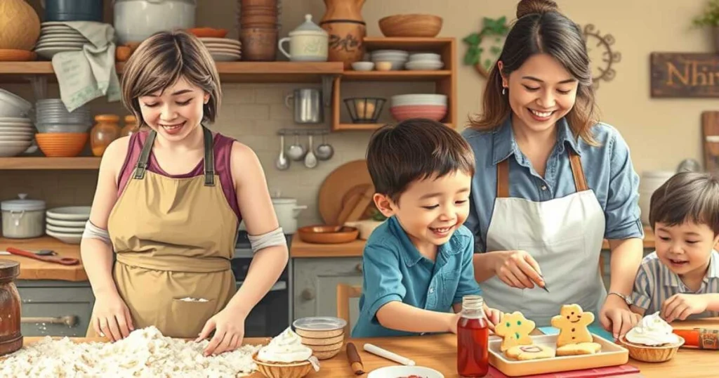 Side-by-side image showing a tired mom overwhelmed by baking mess contrasted with a relaxed mom smiling with kids using a Christmas Cookie Decorating Kit.