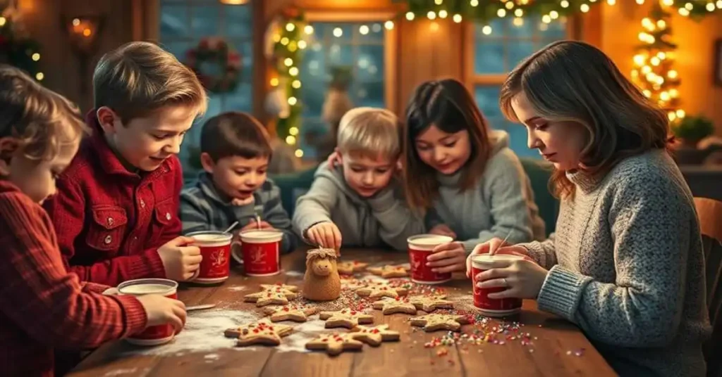 Top-down view of a cozy holiday kitchen with a family decorating cookies using a Christmas Cookie Decorating Kit, warm lights, cocoa mugs, and festive sprinkles all around.