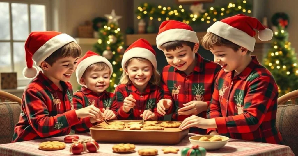 A joyful family in matching Christmas pajamas and Santa hats decorating cookies together with glowing Christmas lights in the background.