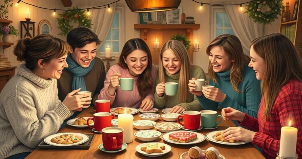 Group of friends laughing and decorating cookies together at a festive party, with decorated cookies on plates, mugs of hot cocoa, candles, and twinkling Christmas lights.