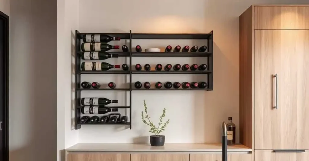 Modern decorative wall mounted metal wine rack in sleek kitchen with matte black metal design holding wine bottles horizontally