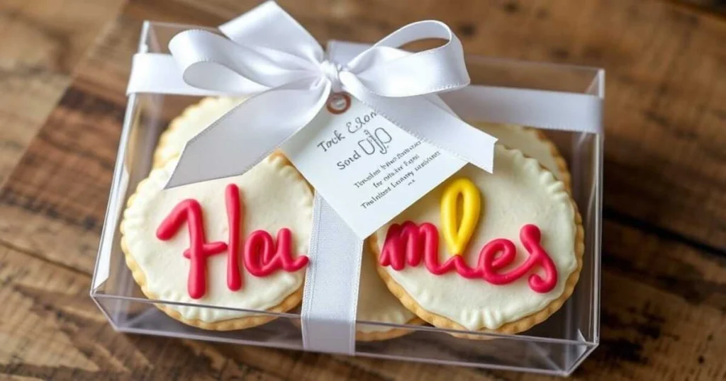 Personalized sugar cookies with individual names piped in icing, beautifully wrapped in a clear gift box tied with a festive ribbon and holiday tag.