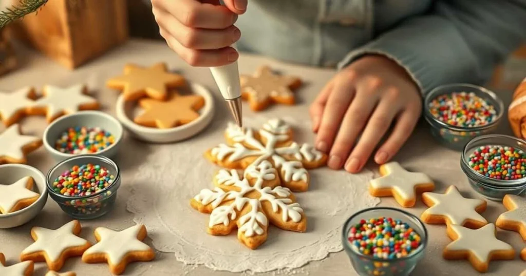 Close-up of hands decorating a snowflake-shaped cookie with white icing using a piping bag, surrounded by finished cookies and bowls of colorful sprinkles.