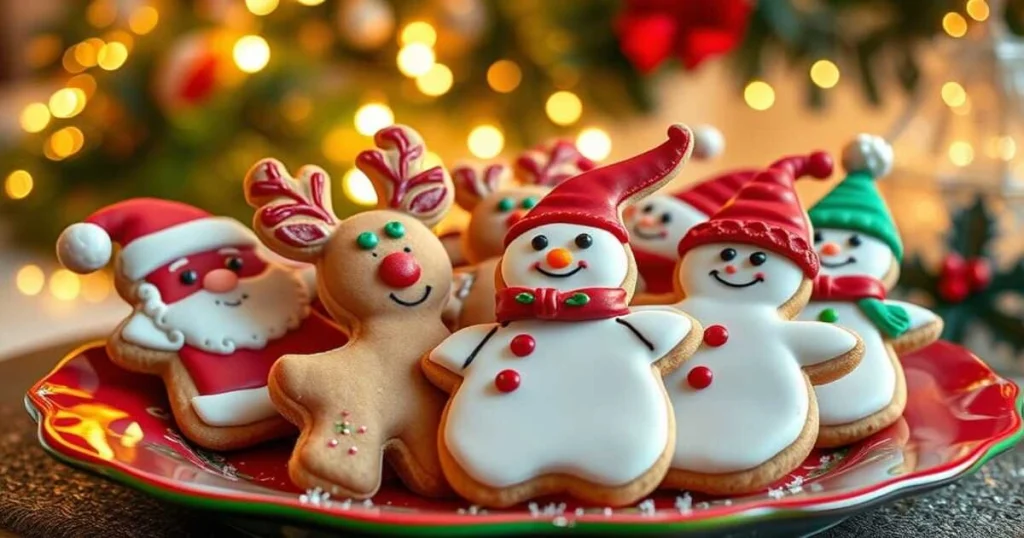Close-up of decorated cookies shaped like Santa, reindeer, snowmen, and elves on a festive plate, with twinkling Christmas lights in the background.